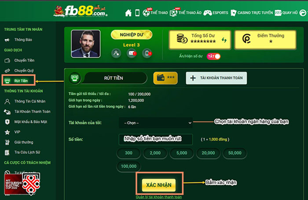 Hướng dẫn rút tiền từ tài khoản FB88 nhanh nhất